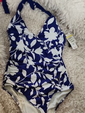 Jantzen Blue & White Floral Halter One-Piece Swimsuit. NWT Size 14